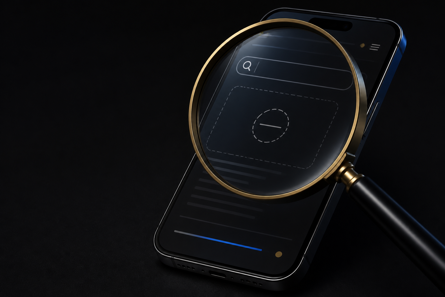 Lupa sobre um smartphone destacando uma busca sem resultados